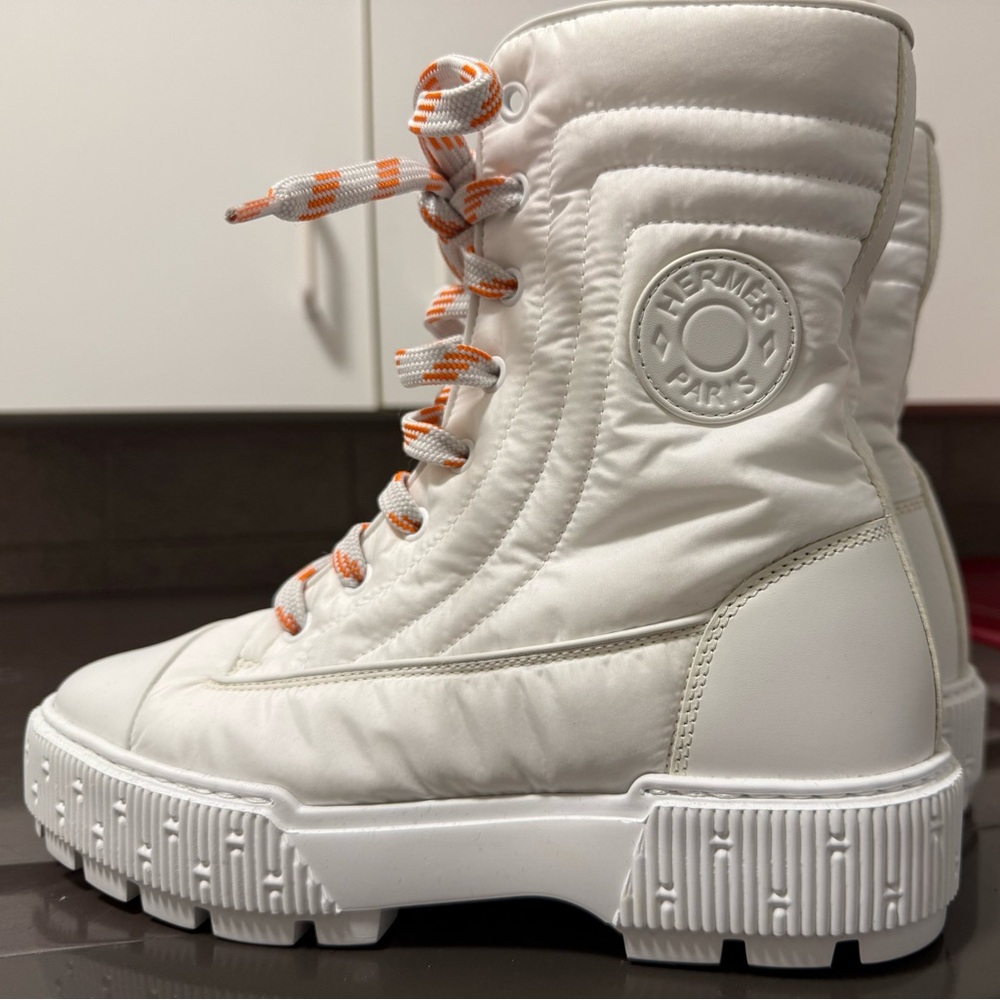 Hermes White Ankle Boots with Orange Accents